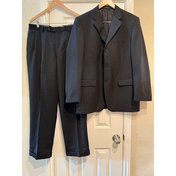 Jones New York 42R 34x30 Black Wool Three Button Coat Jacket Suit Cuffed Pants